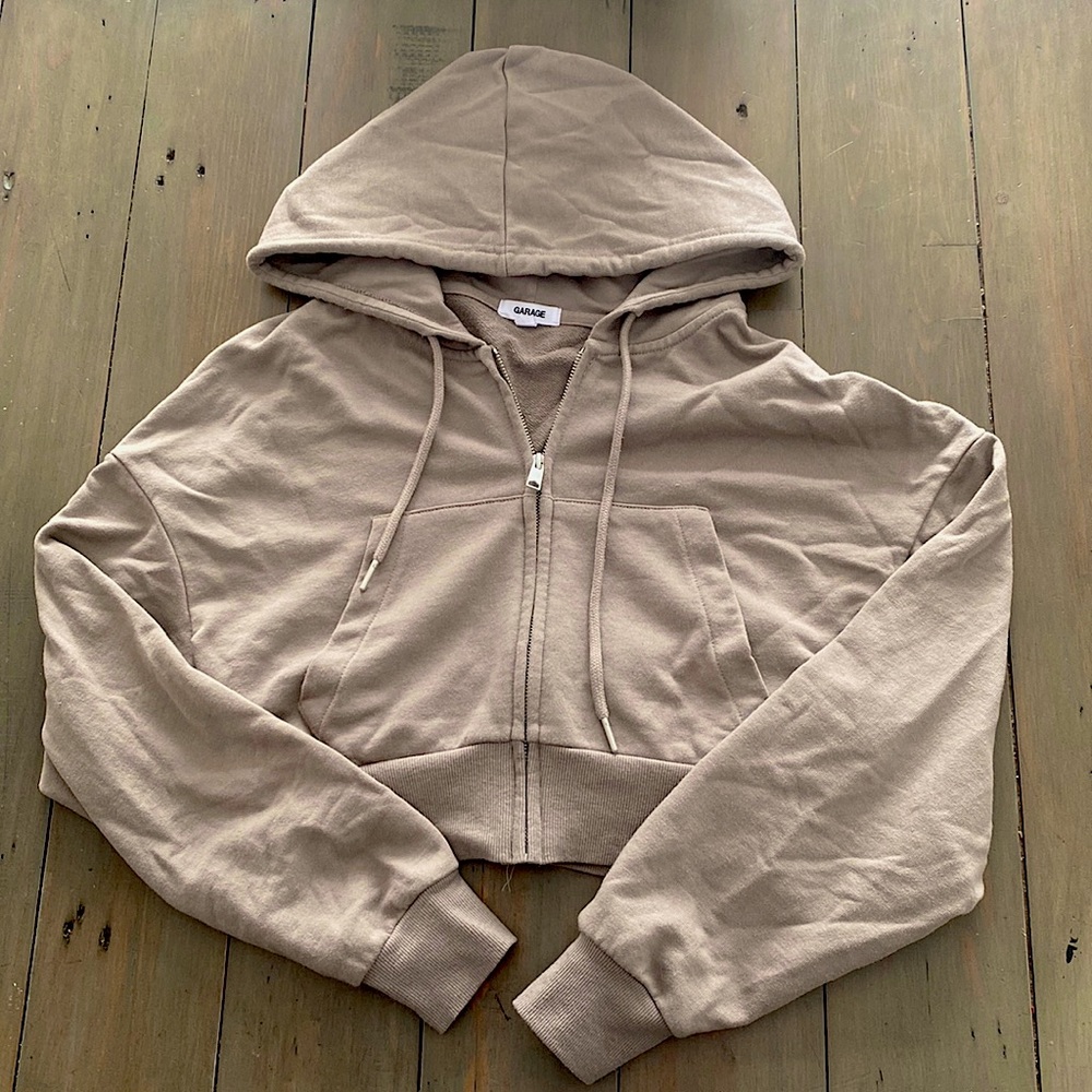 Brown Garage zip-up sweater with hood